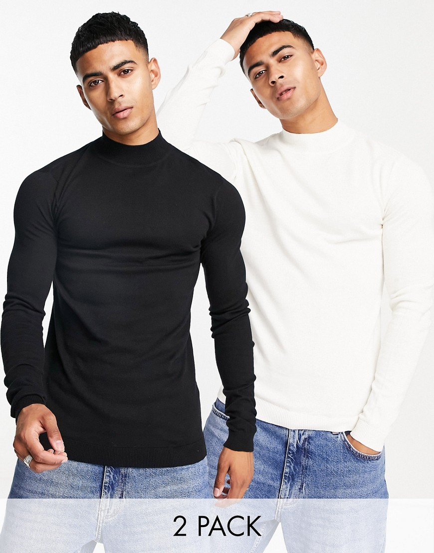 ASOS DESIGN 2 pack knit ribbed turtle neck sweater in black & white-Multi