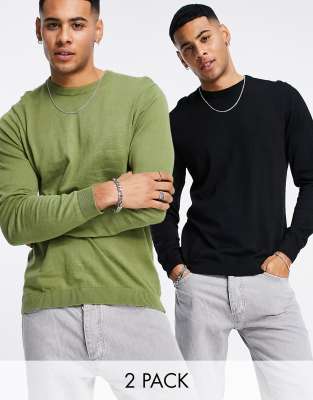 ASOS DESIGN 2 pack knitted cotton crew neck jumper in black & khaki SAVE - ASOS Price Checker