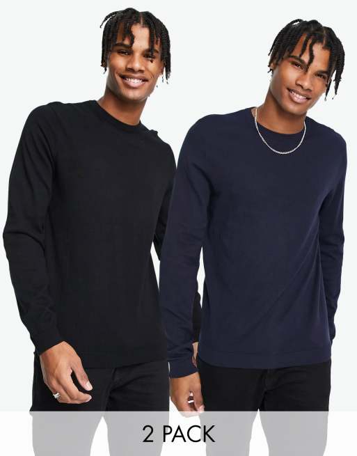 ASOS DESIGN 2 pack knitted cotton jumper in black navy ASOS