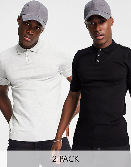 ASOS DESIGN 2 pack knitted muscle fit polo neck t-shirt in grey & black