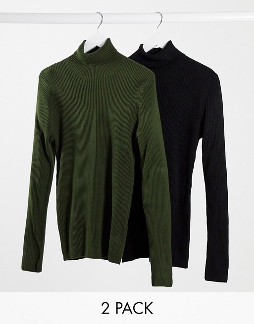 ASOS DESIGN 2 pack knitted rib roll neck jumper in black & khaki SAVE