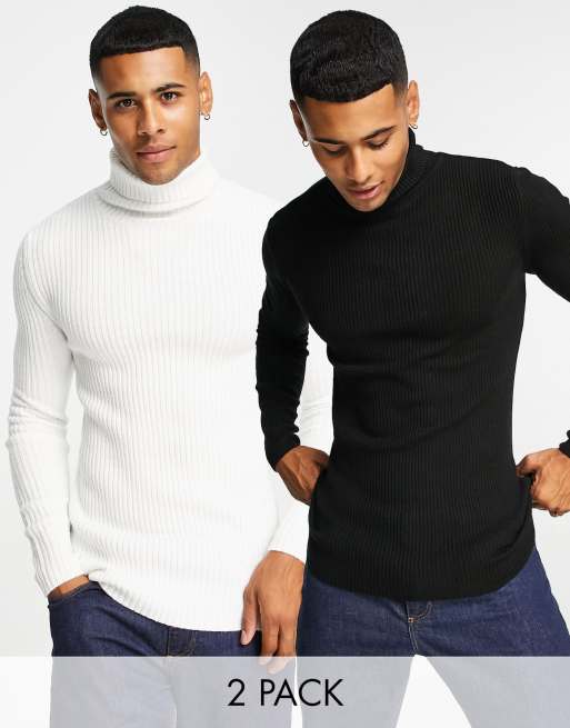 ASOS DESIGN 2 pack knitted rib roll neck jumper in black & white SAVE