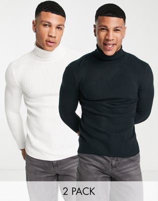 ASOS DESIGN 2 pack knitted rib roll neck jumper in white & navy SAVE