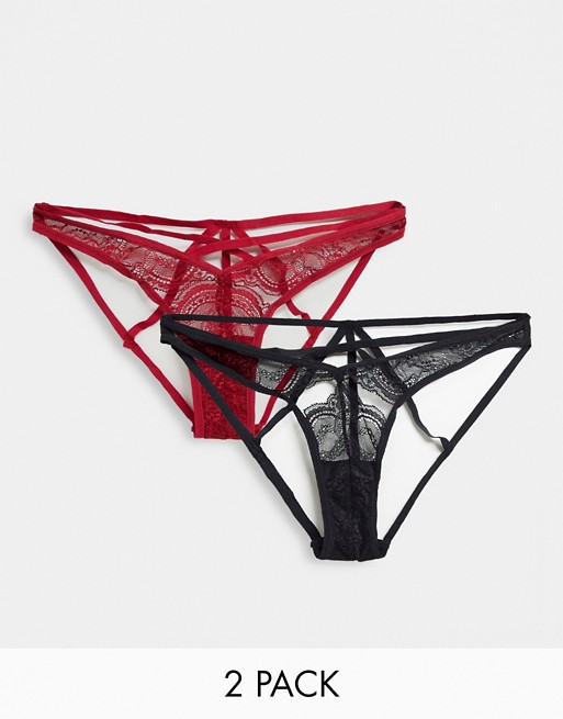 ASOS DESIGN 2 pack lace and strappy brazillian