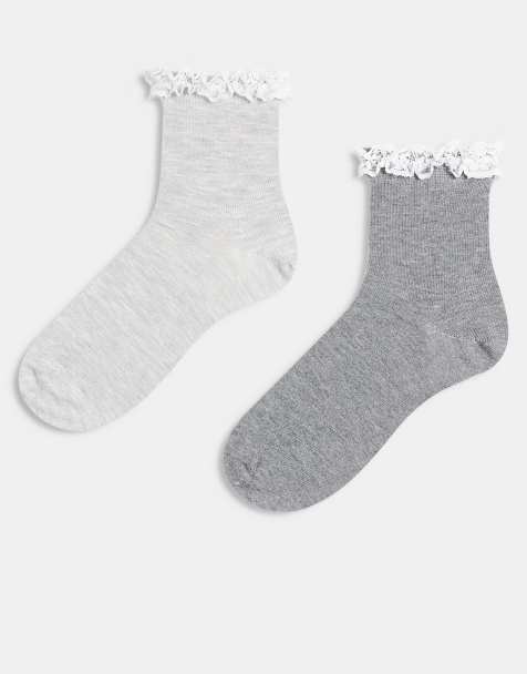 ASOS DESIGN 2 pack lace frill top ankle socks in gray heather - view 1
