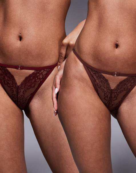 ASOS DESIGN 2 pack lace tanga brazilian with cut out detail in choc & burgundy - view 1