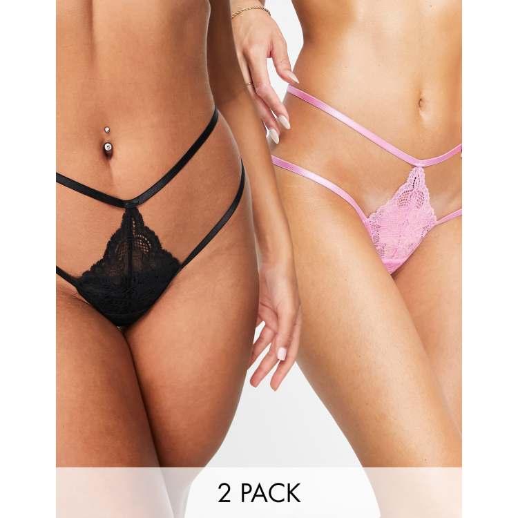 ASOS DESIGN 2 pack v-front lace ring back thong in black