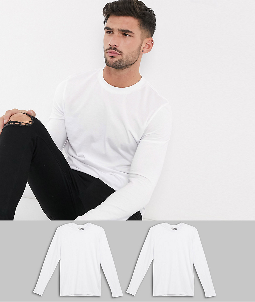 ASOS DESIGN – 2-pack långärmade t-shirtar med rund halsringning – Spara-Vit