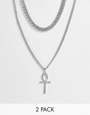 ASOS DESIGN 2 pack layered neckchain with ankh pendant in silver tone