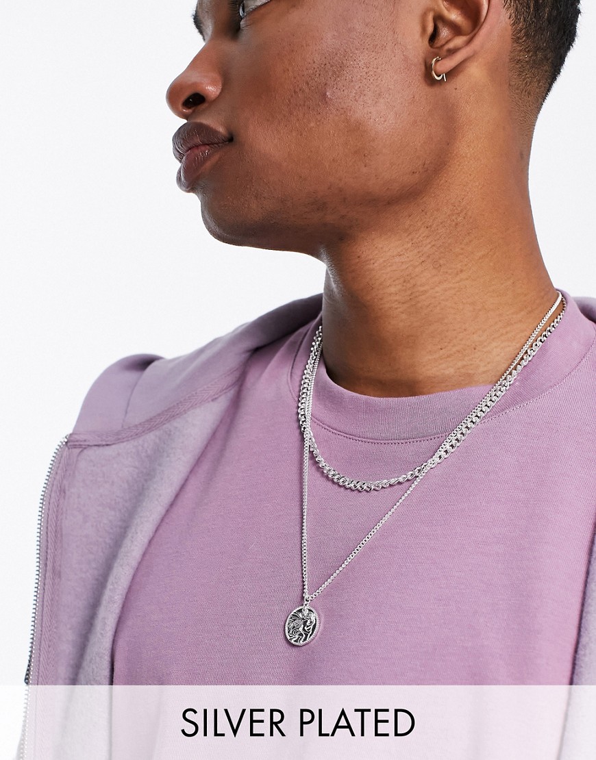 ASOS DESIGN 2 pack layered neckchain with chucky curb chain and st chris pendant in real silver plate