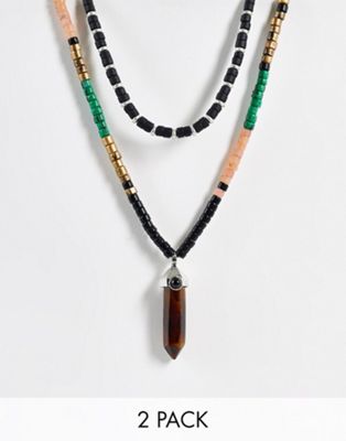 ASOS DESIGN 2 pack layered festival necklace with faux crystal pendant in multi colour