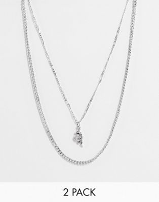 ASOS DESIGN 2 pack layered necklace with vintage design and snake pendant in silver tone