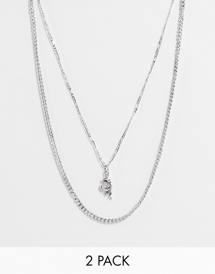 ASOS DESIGN 2 pack layered neckchain with vintage design and snake pendant in silver tone