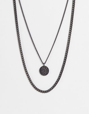 ASOS DESIGN 2 pack layered neckhain with st chris pendant in matte black