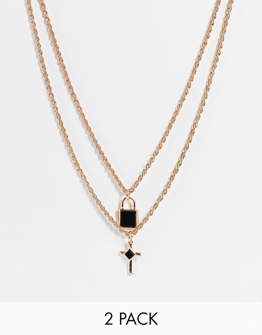 ASOS DESIGN 2 pack layered necklace with padlock and cross pendants in gold tone