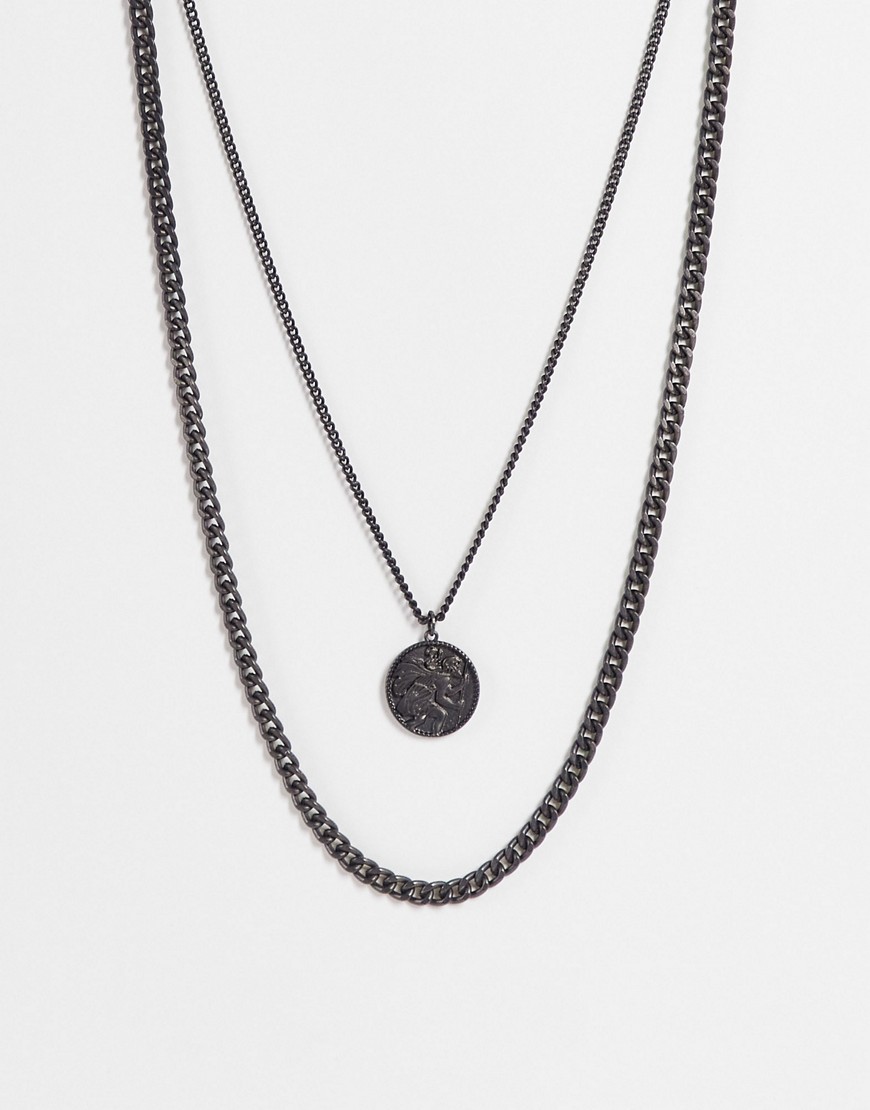 ASOS DESIGN 2 pack layered necklace with st chris pendant in matte black