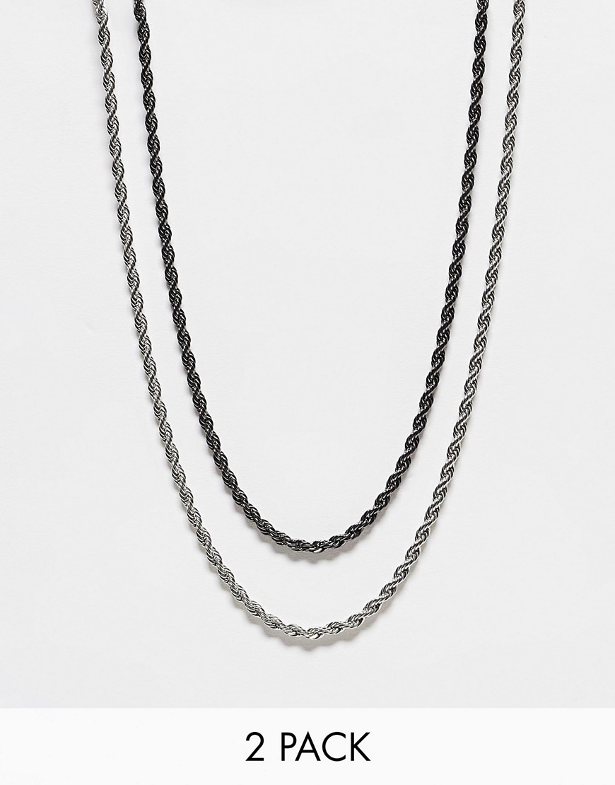 ASOS DESIGN 2 pack layered rope neckchain in silver tone and gunmetal