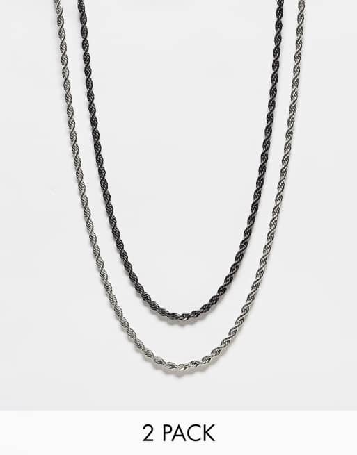 ASOS DESIGN 2 pack layered rope neckchain in silver tone and gunmetal 