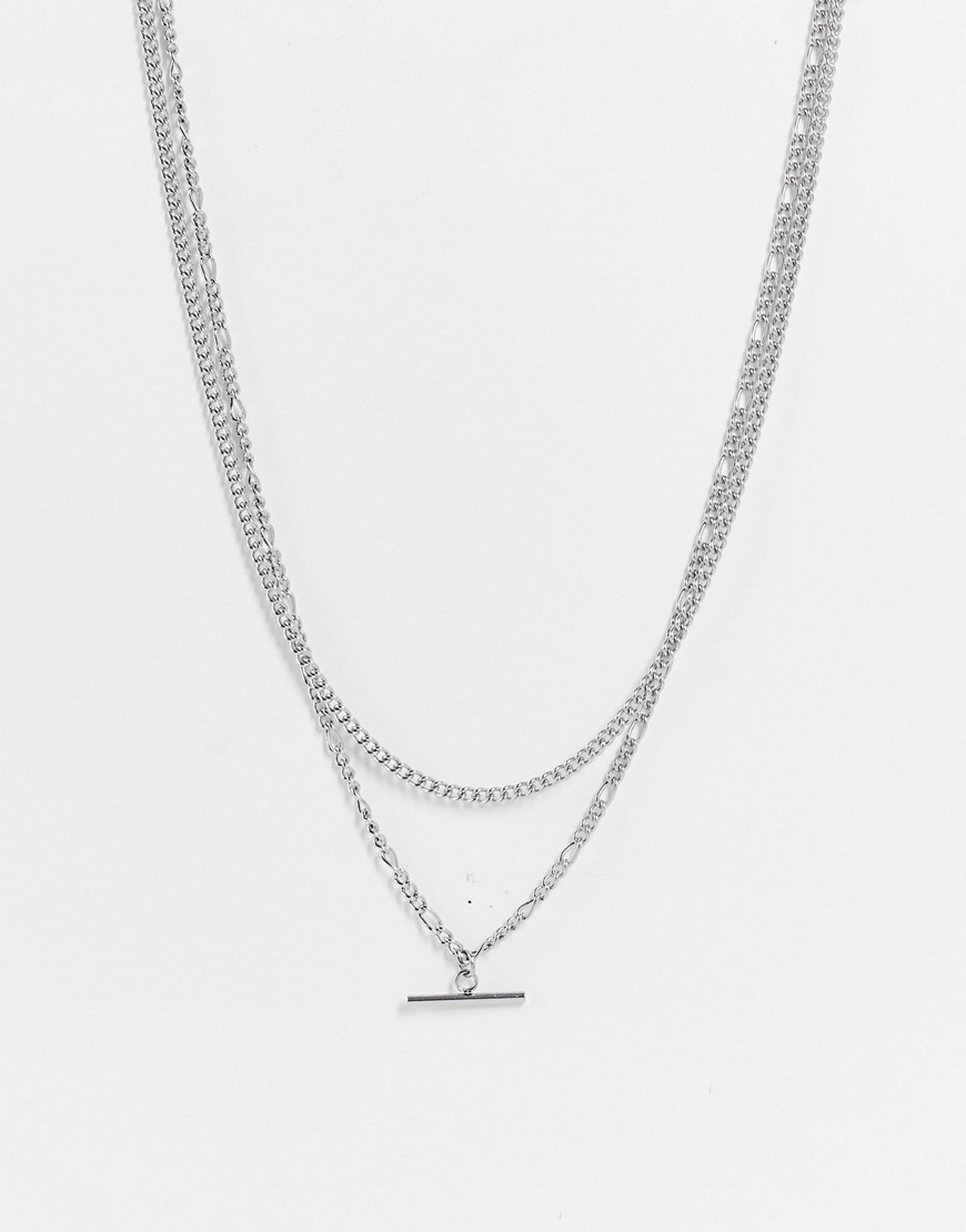 ASOS DESIGN 2 pack layered stainless steel neckchain with figaro chain and t-bar pendant in silver tone