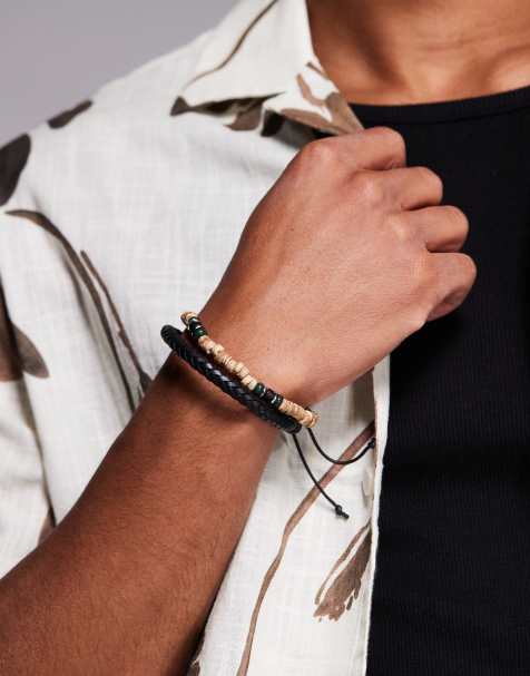 ASOS DESIGN 2 pack leather and wood beaded bracelet in multi - view 1