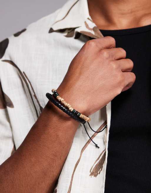 ASOS DESIGN 2 pack leather and wood beaded bracelet in multi