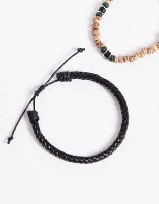Asos Design 2 Pack Leather And Wood Beaded Bracelets