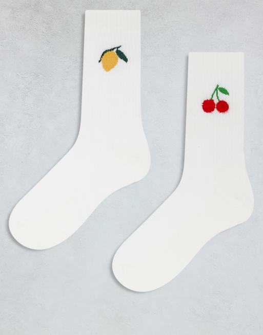 ASOS DESIGN 2 pack lemon & cherry embroidery sock in white