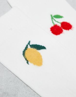 Asos Design 2-pack Lemon & Cherry Embroidery Sock In White