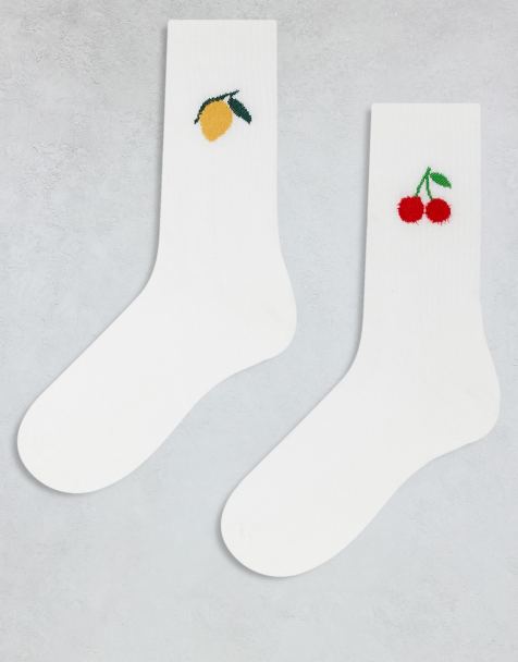 ASOS DESIGN 2 pack lemon & cherry graphic socks in white - IVORY - view 1