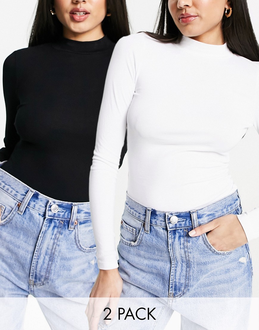 Asos Design 2-pack Long Sleeve Bodysuits With Turtleneck In Black & White - Save!-multi