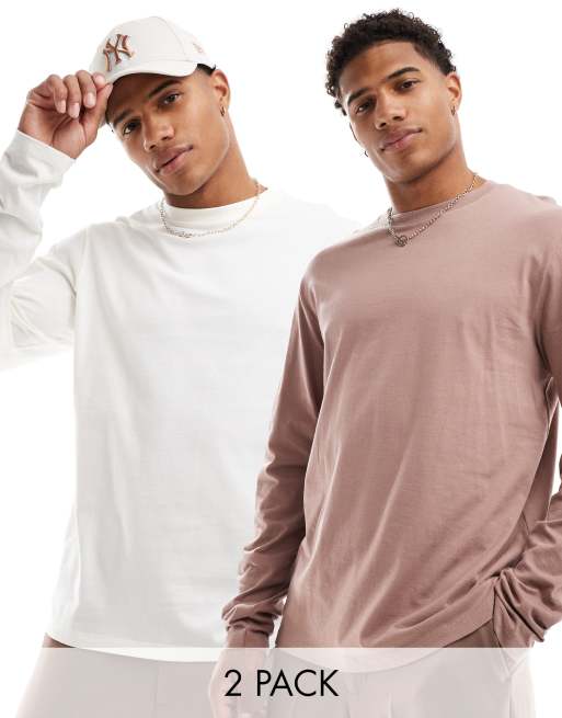 ASOS DESIGN 2 pack long sleeve crew neck t-shirts in cream and brown