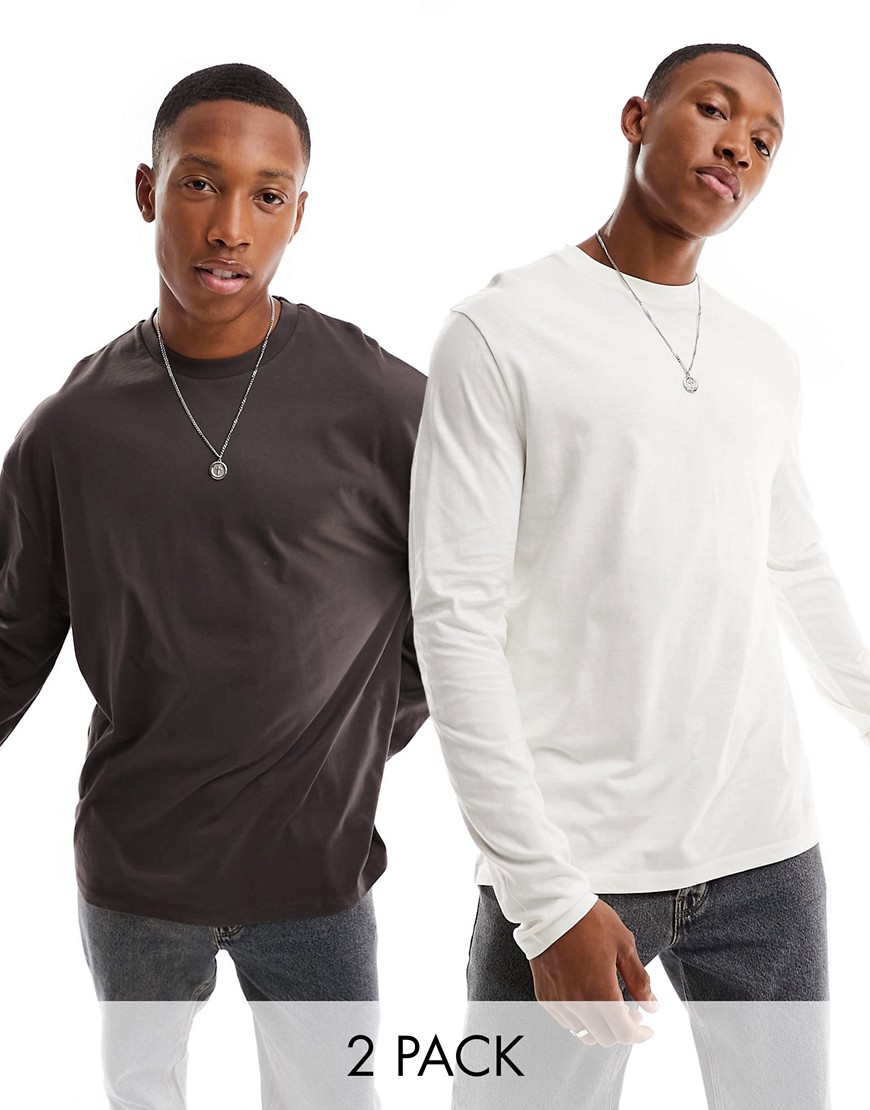 ASOS DESIGN 2 pack long sleeve crew neck t-shirts in ecru and brown-Multi