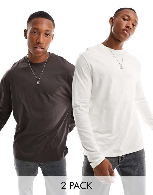 ASOS DESIGN 2-pack long sleeve crew neck T-shirts in ecru and brown