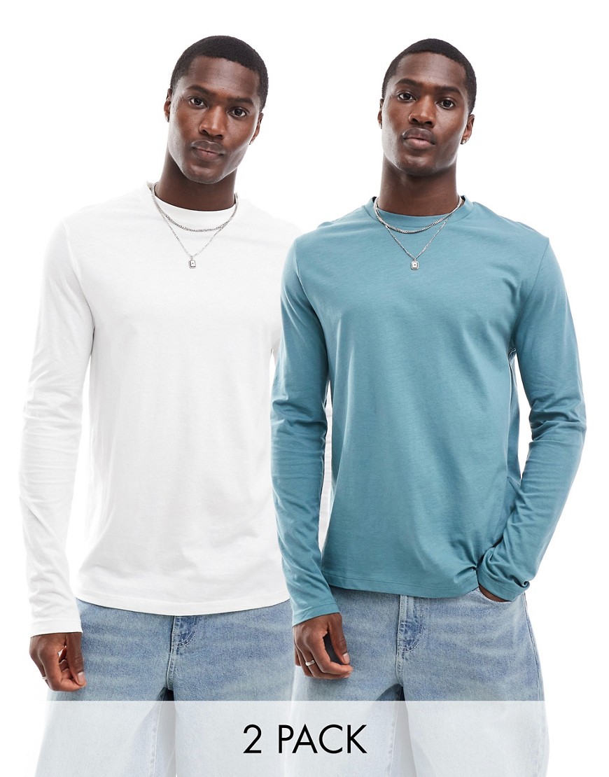 ASOS DESIGN 2 pack long sleeve crew neck t-shirts in white and green-Multi