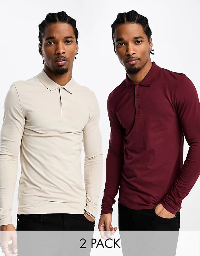 ASOS DESIGN - 2 pack long sleeve muscle fit polo in stone and burgundy
