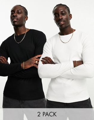 ASOS DESIGN 2 pack long sleeve muscle rib t-shirt in black and white