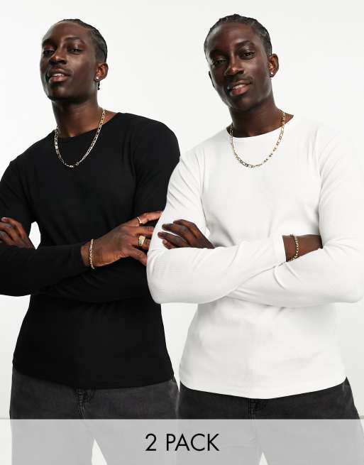 ASOS DESIGN 2 pack long sleeve muscle ribbed T-shirt in black and white