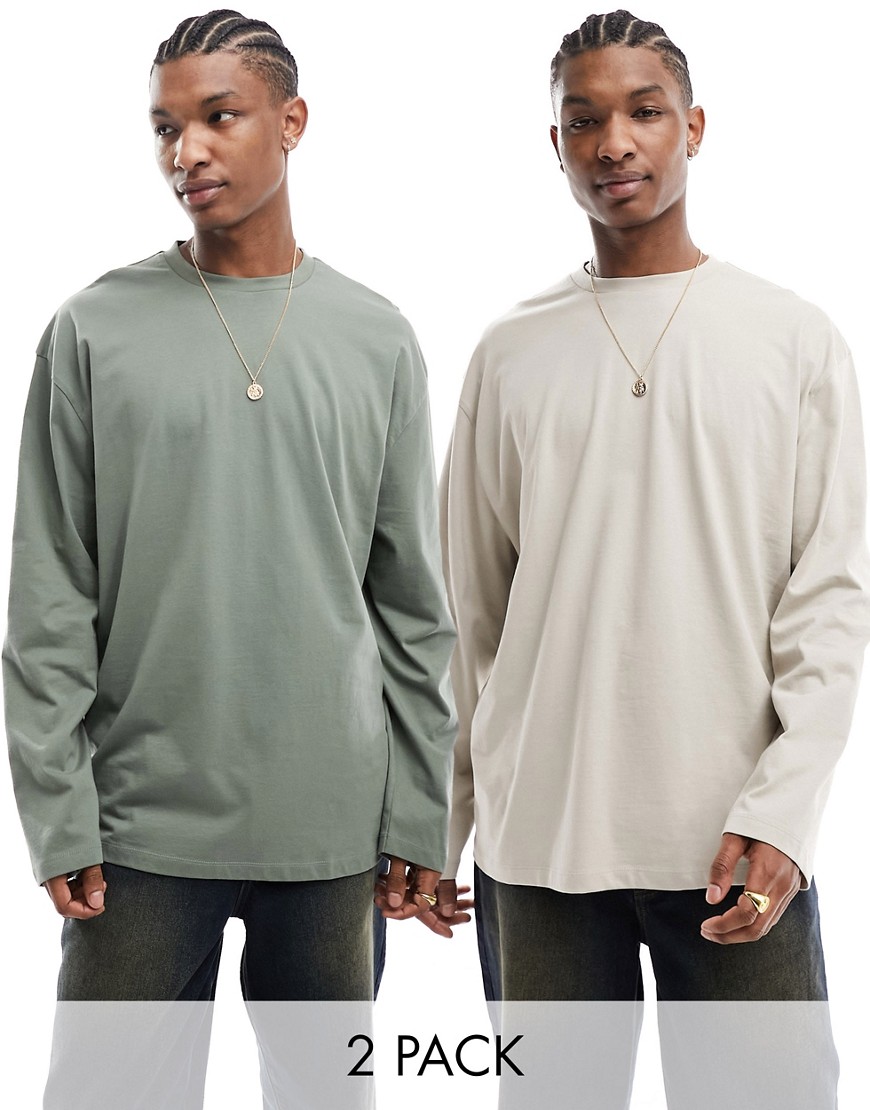 ASOS DESIGN 2 pack long sleeve oversized fit t-shirts in khaki and taupe-Multi