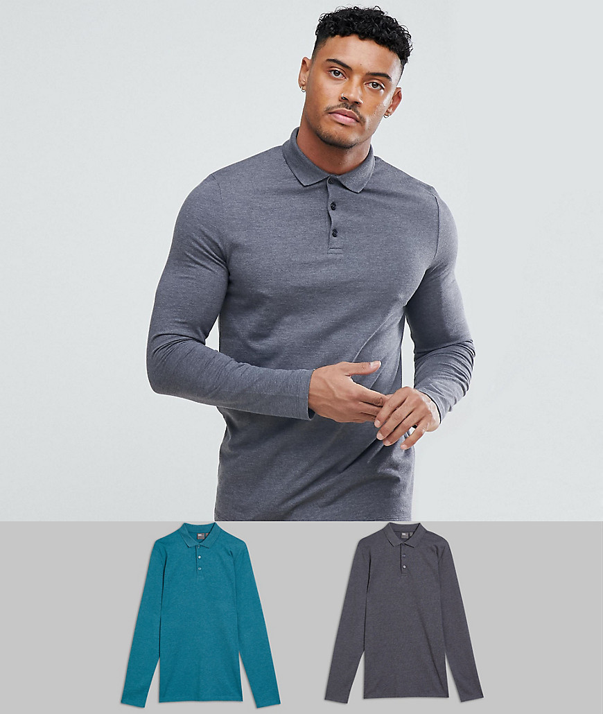 ASOS DESIGN 2 pack long sleeve polo in jersey save-Multi