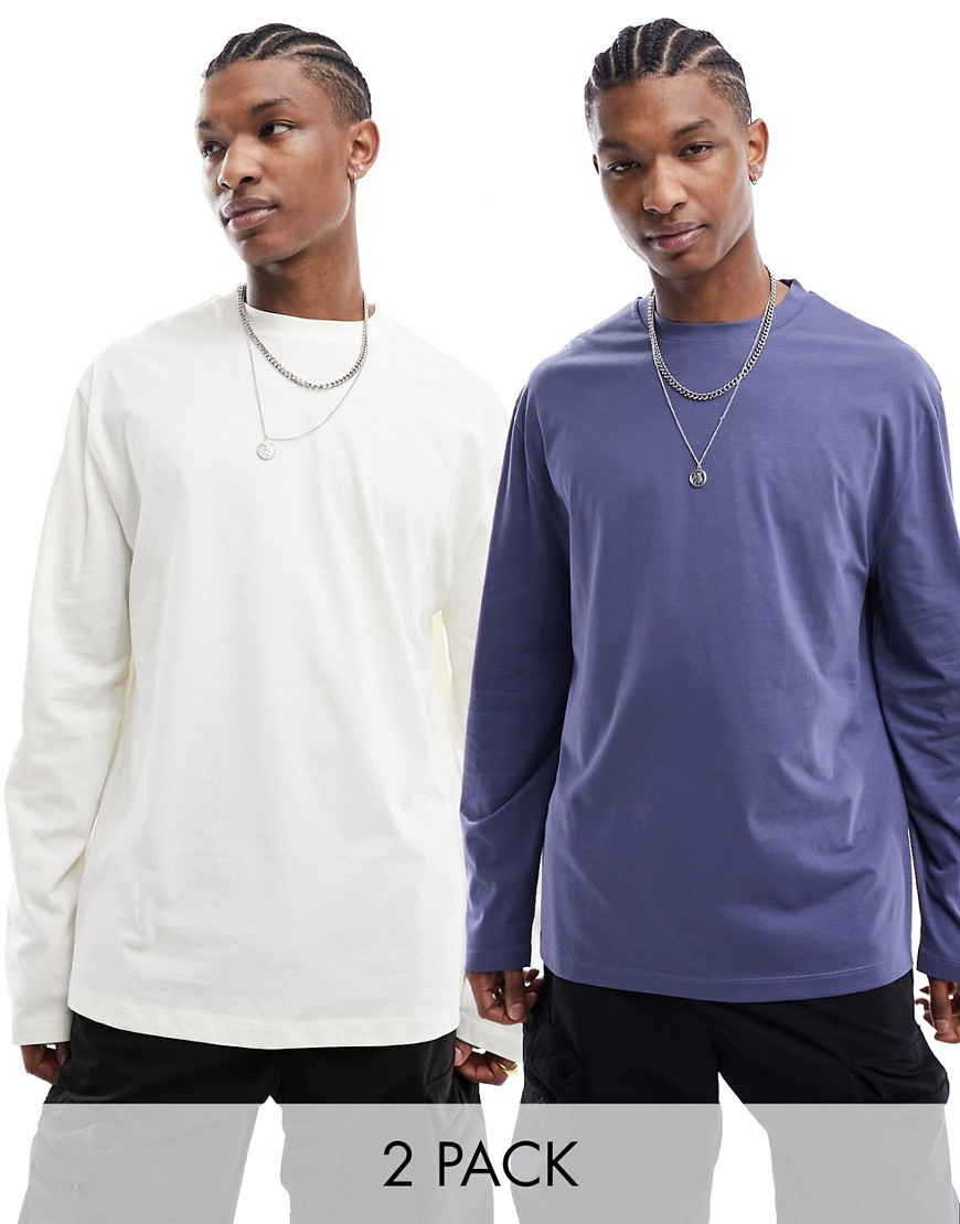 ASOS DESIGN 2 pack long sleeve t-shirt with crew neck in ecru and blue-Multi