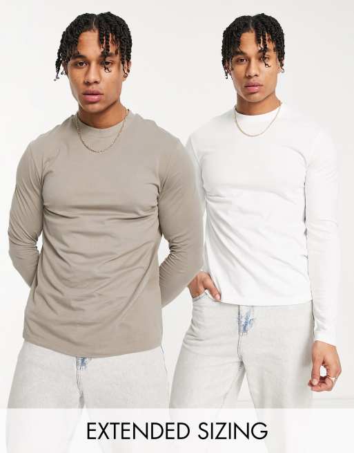 ASOS DESIGN 2 pack long sleeve t-shirt with crew neck in white and