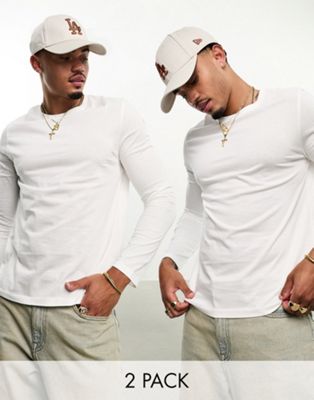ASOS Design 2 Pack Long Sleeve T-Shirt with Crew Neck in White