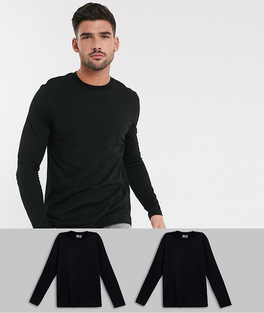 ASOS DESIGN 2 pack long sleeve t-shirt with crew neck-Black