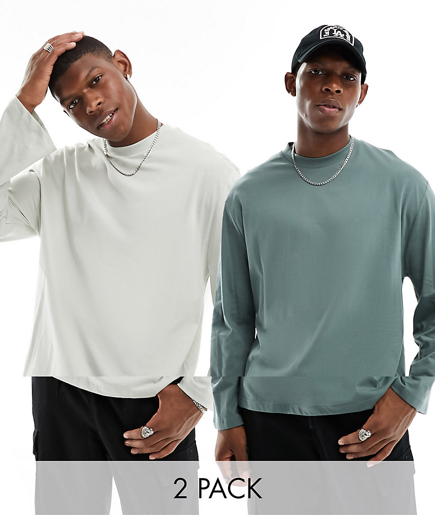 ASOS DESIGN 2 pack long sleeved crew neck t-shirts in green and taupe-Multi