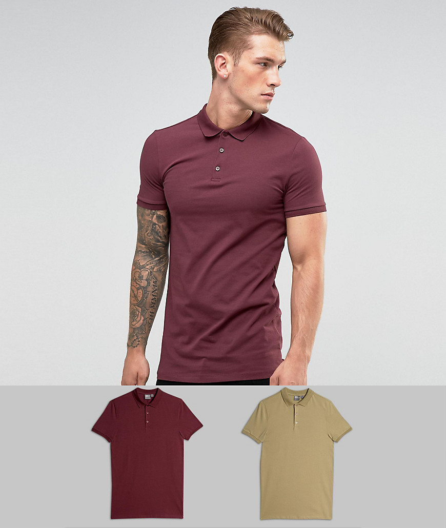 ASOS DESIGN 2 pack longline muscle fit jersey polo save-Multi
