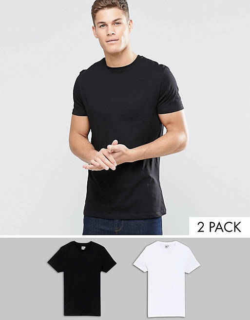 ASOS DESIGN 2 pack longline t-shirt in black/white with crew neck save ...