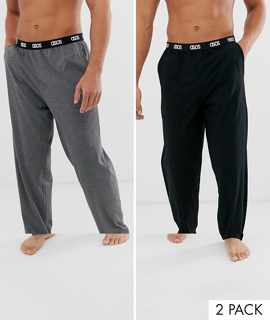 ASOS DESIGN 2 pack lounge pyjama bottom in black and charcoal marl with branded waistband-Multi