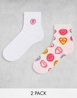 ASOS DESIGN 2 pack Love Hearts ankle socks in multi