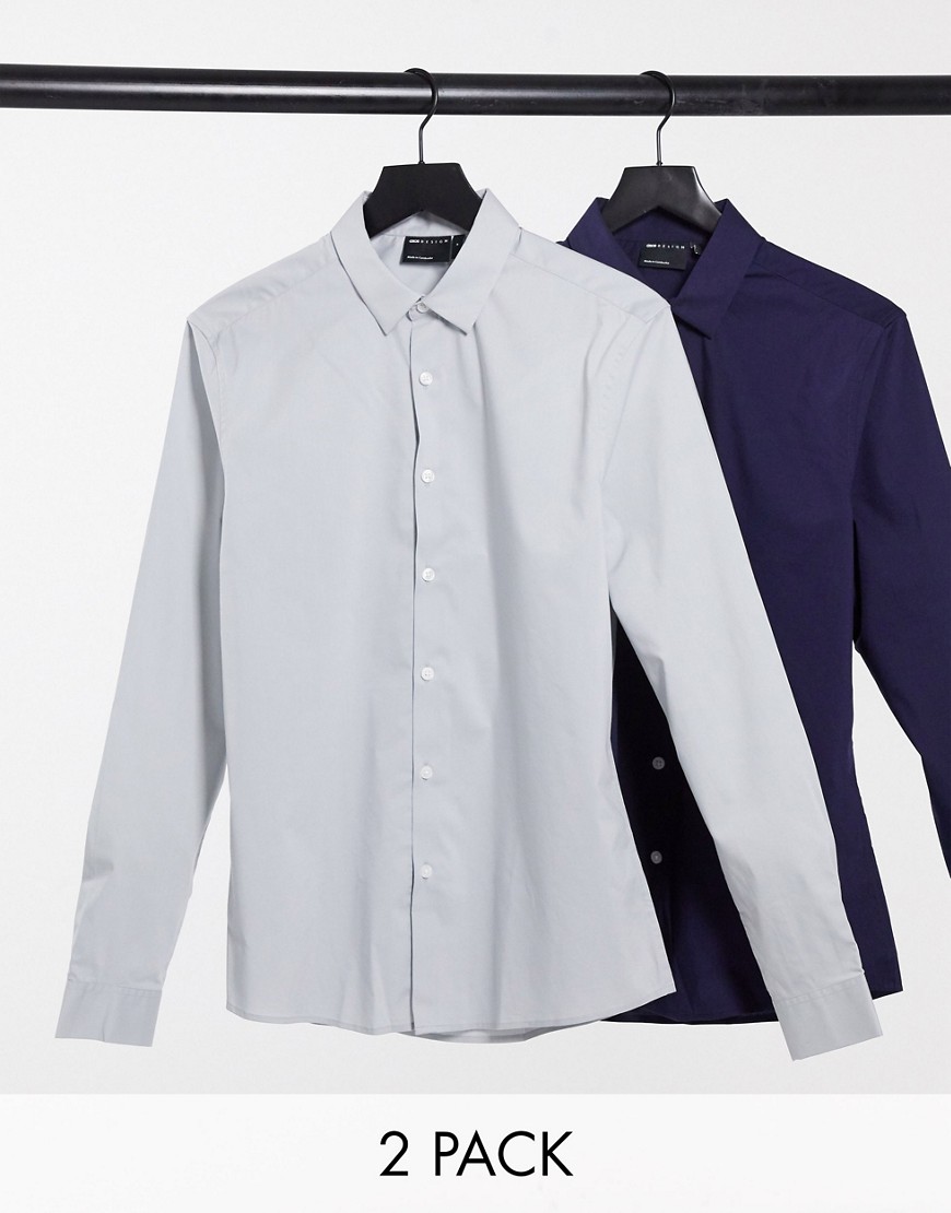 ASOS DESIGN – 2-pack – Marinblå/grå stretchig skjorta med smal passform-Flerfärgad