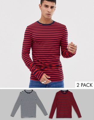 ASOS DESIGN – 2-pack med långärmade randiga t-shirtar med muscle-passform i ekologisk bomull, svart/vit blå/röd-Flerfärgad